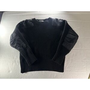 Rothco Black 100% Wool Ribbed Crew Neck Sweater Mens 52 Elbow & Shoulder Patches